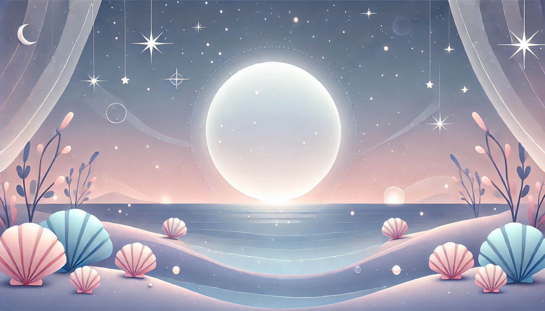 DALL·E 2024 07 14 23.52.11   A minimalist fantasy scene depicting a tranquil moonlit beach with gentle waves and glowing seashells. The background features a soft gradient sky wit